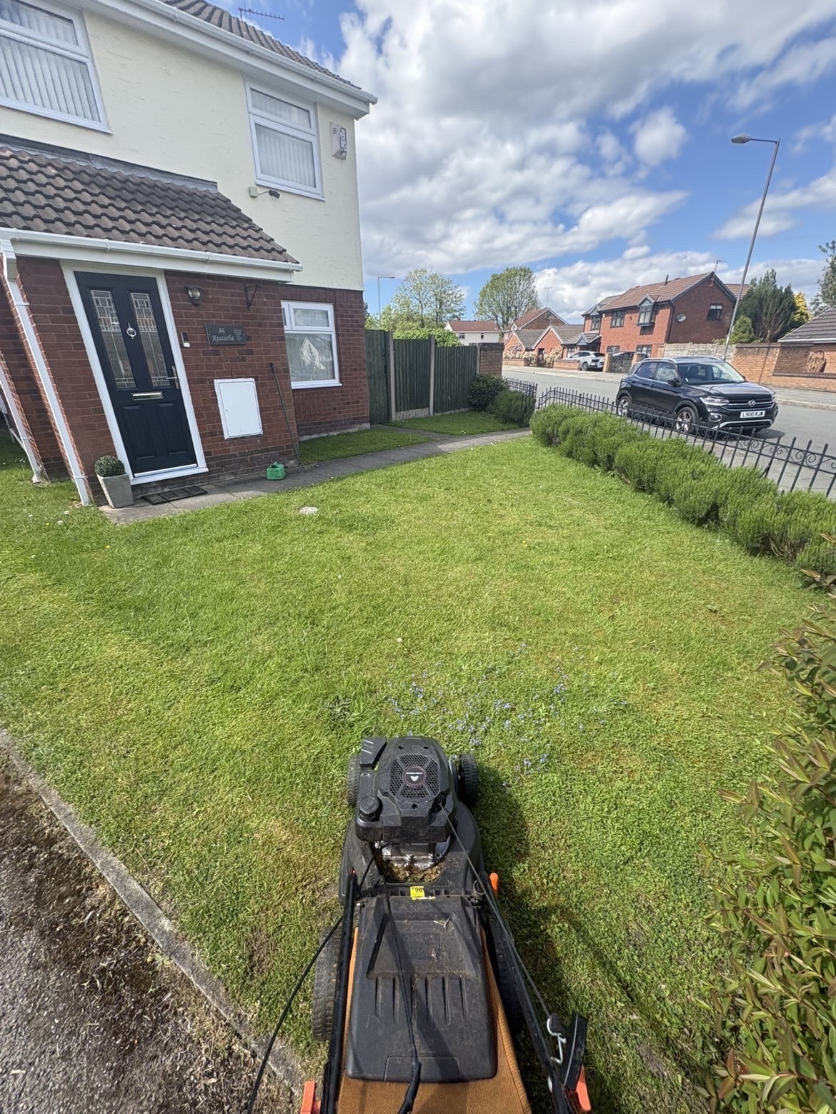 Tidy front lawn freshly mowed with a petrol mower