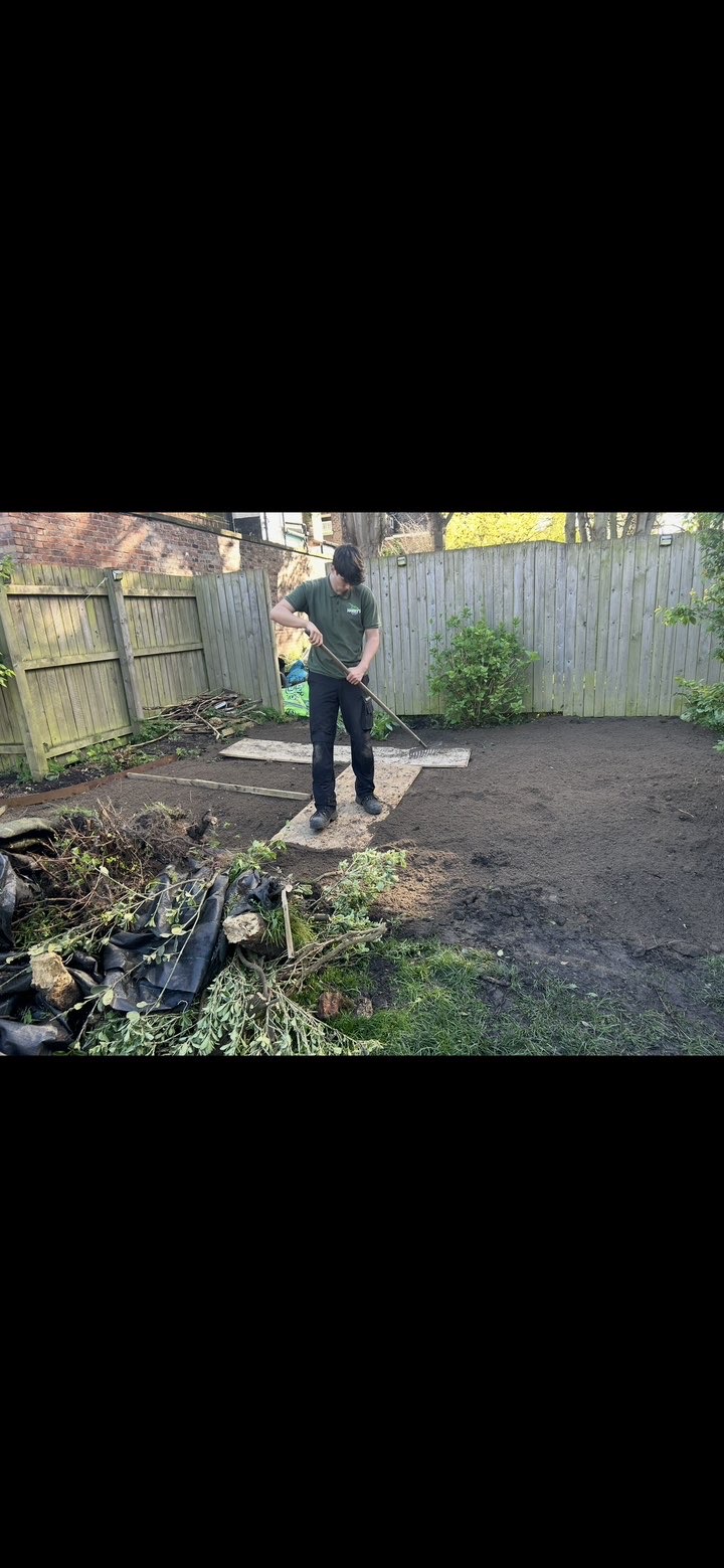 Harry raking and levelling soil ready for new lawn