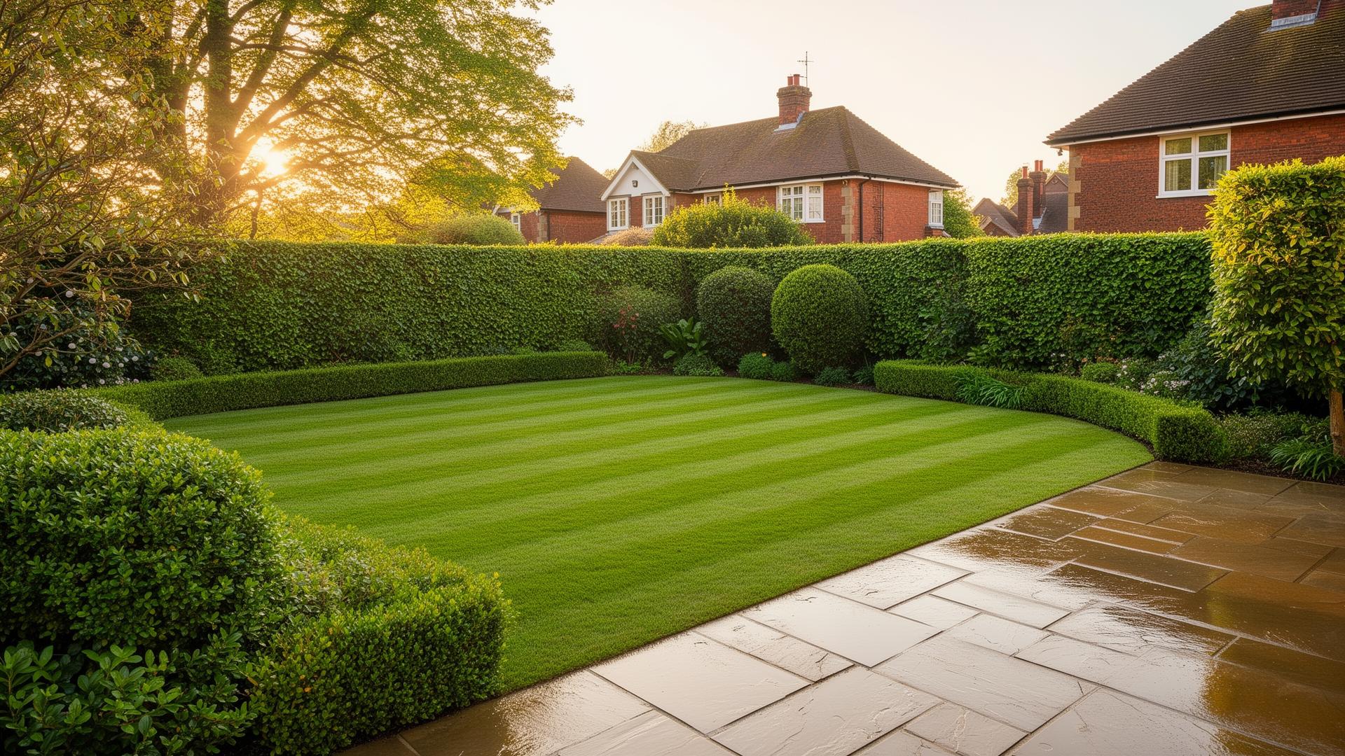 Beautifully maintained garden with striped lawn and clean patio